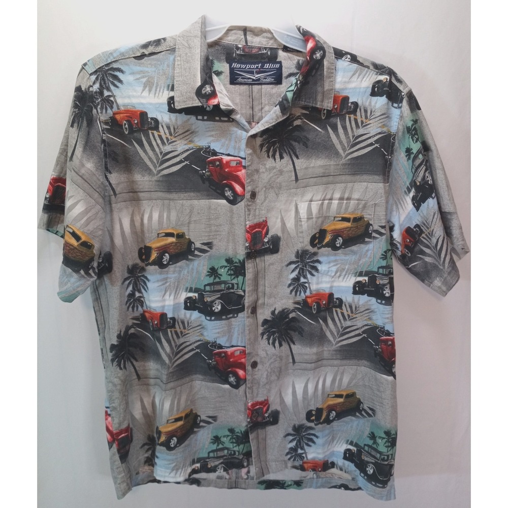 Newport Blue Hawaiian Hot Rod Cars Men's Button Down Casual Shirt, Large